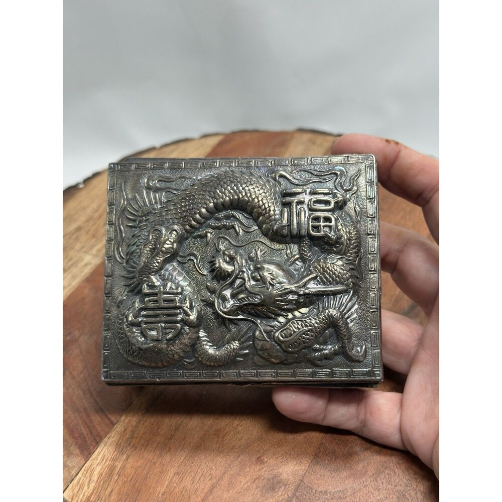 Dragon Relief Trinket Box Wood Lined Metal Japan Hinged Asian Vintage